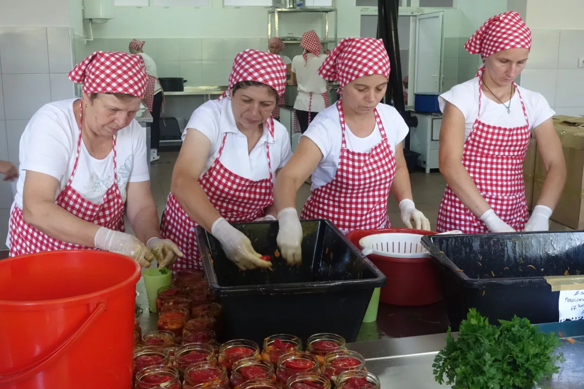 Frauen beim Einlegen von roten Paprika